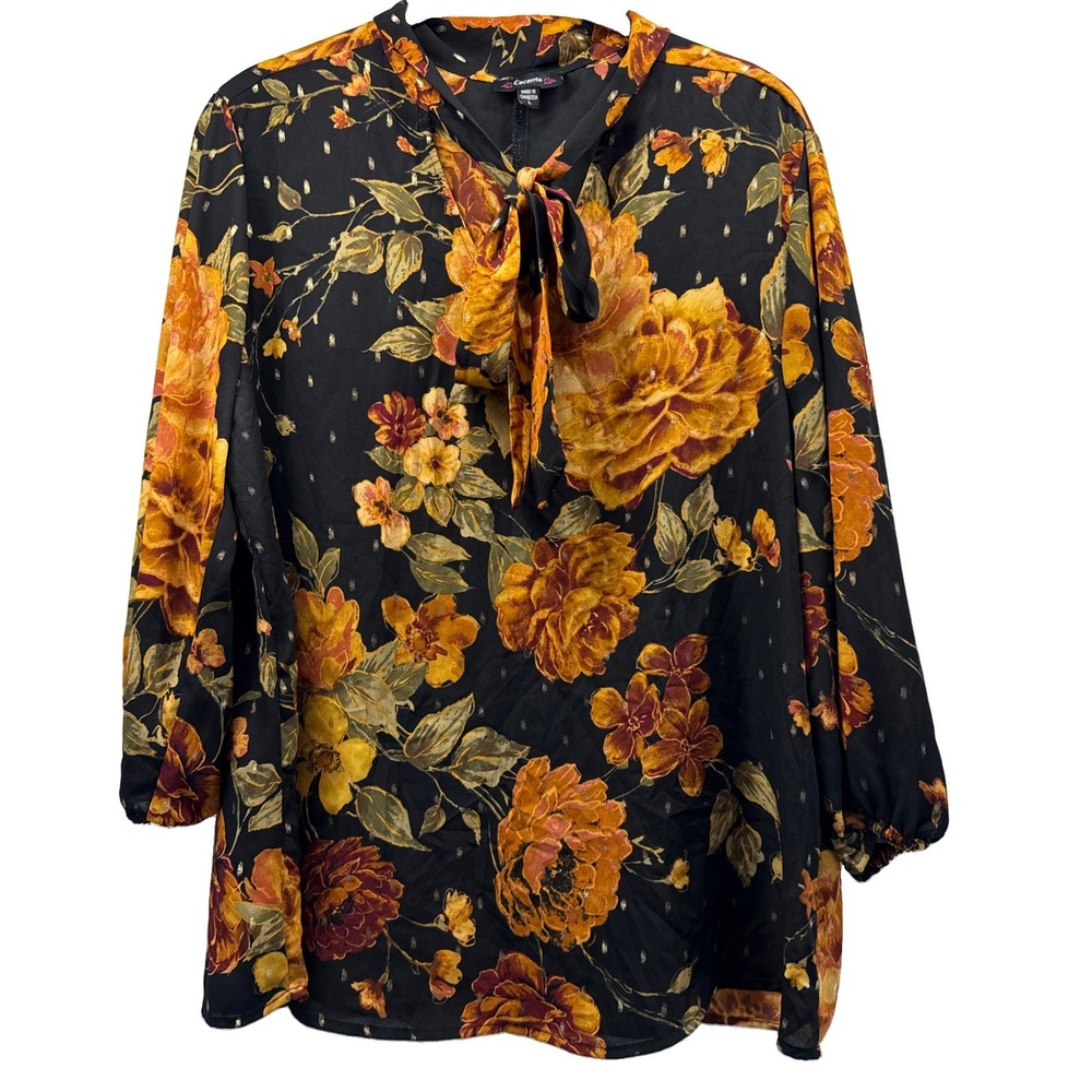 Cocomo Women's Top Size Large Gold Black Floral Neck Tie 3/4 Sleeves Pullover